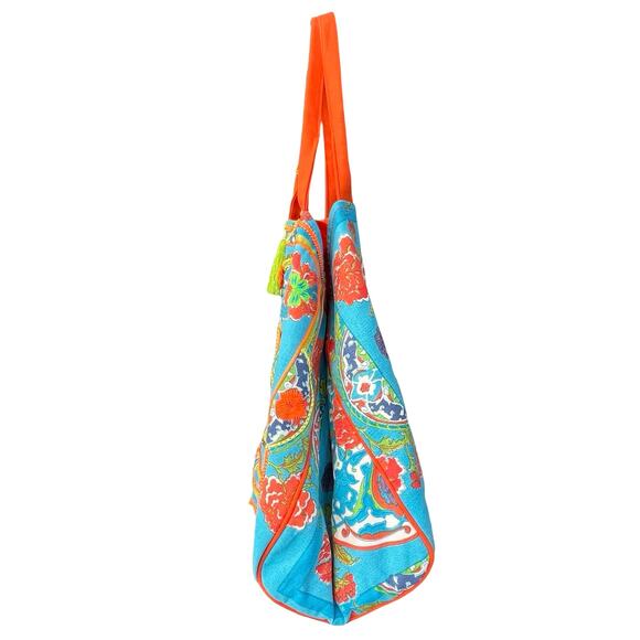 100% Cotton Bohemian Boho Signature Tote Bag in Aqua-Orange L - Picture 5 of 8